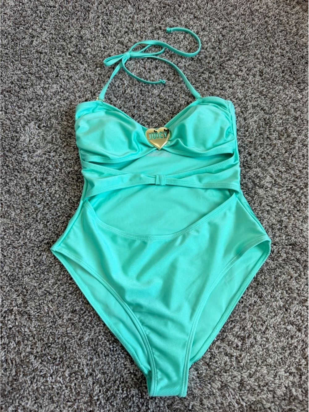 Juicy Couture NWT Cutout One-Piece Gold Heart Accent Mint Green Swimsuit Size M